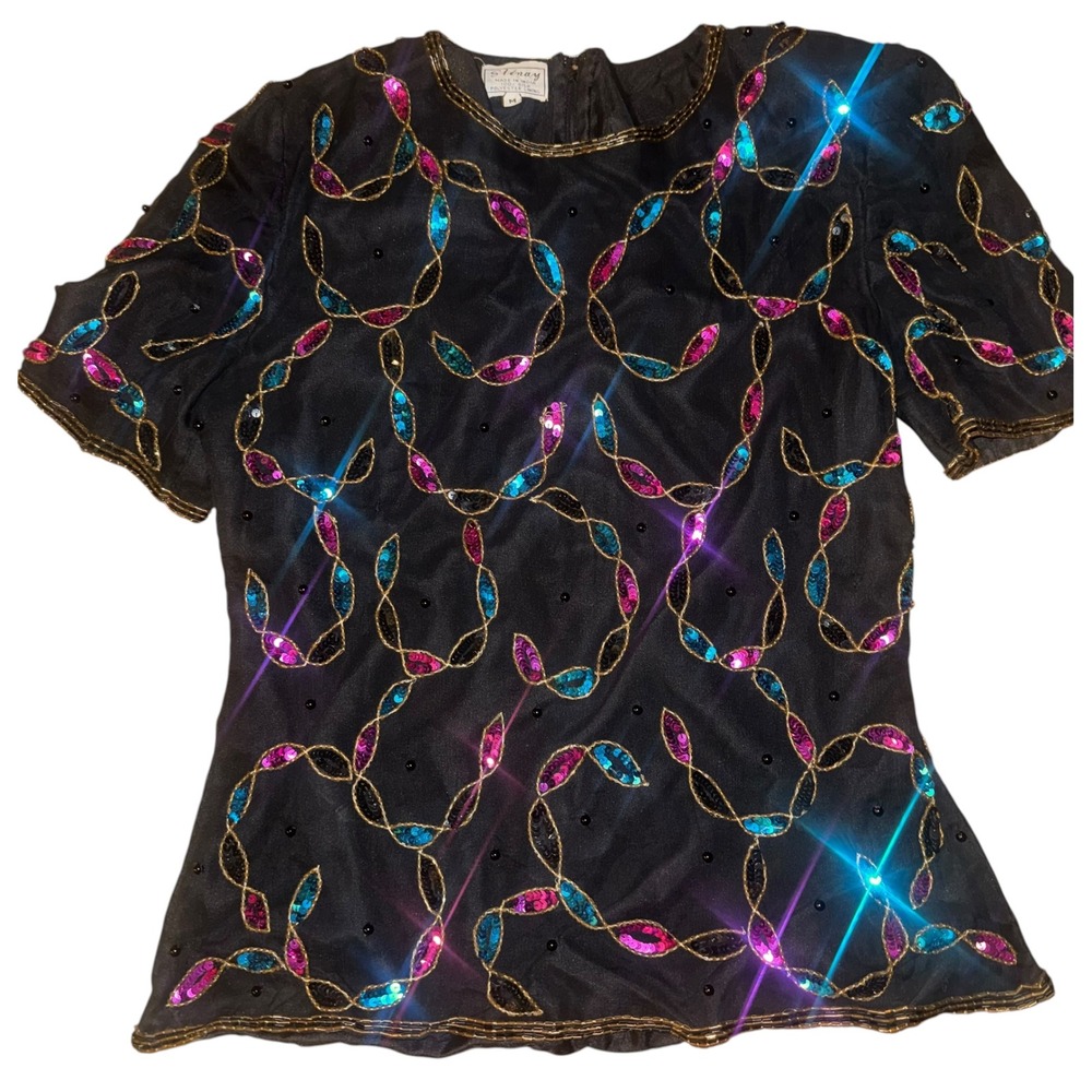 Stenay Vintage Silk Beaded Sequin Blouse Black Pink Turquoise Evening Top Medium